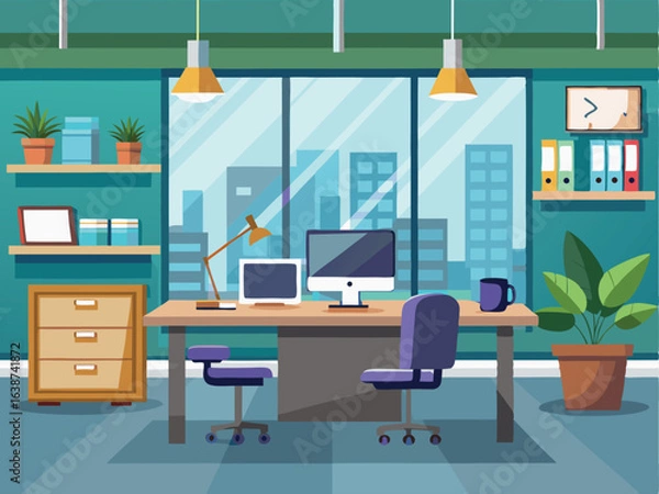 Fototapeta Modern office interior with furniture and bookshelves for work and decoration