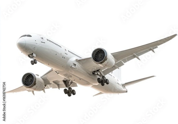 Fototapeta White commercial jet in flight against a plain white background