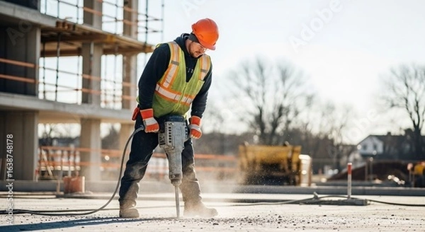Obraz Construction worker using jackhammer on site with building in background
