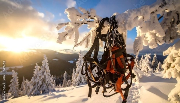 Fototapeta Harness Hanging on Snowy Tree Branch in Winter Landscape