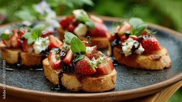 Fototapeta Appetizing bruschetta topped with strawberries, cheese, basil, and balsamic glaze on a rustic plate