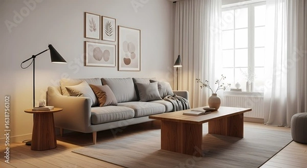 Fototapeta A cozy and modern living room featuring a comfortable grey sofa, wooden coffee table, floor lamps, and framed artwork on a neutral wall.