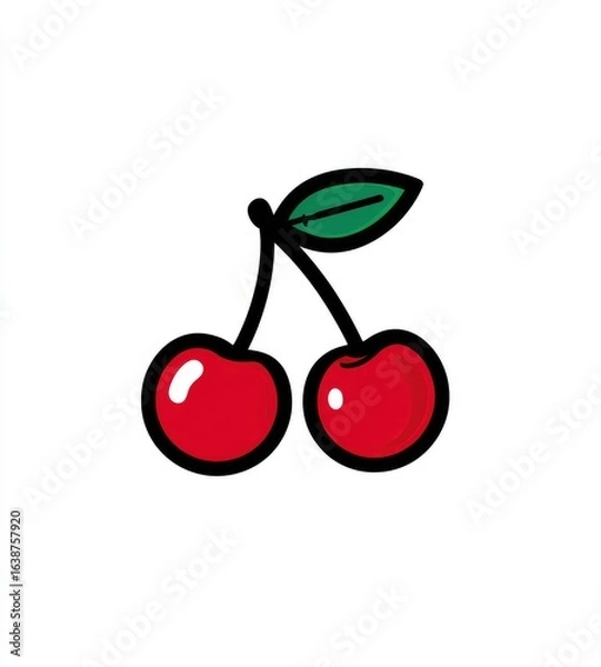 Fototapeta Two stylized cherries, bright red with black outlines, and a green leaf