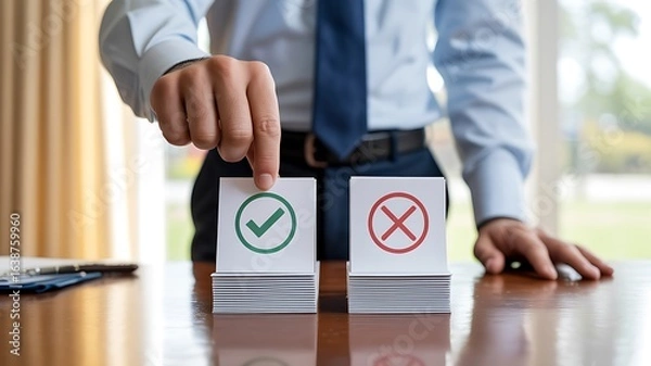Obraz Making the right business choice. A professional man evaluates two options, selecting the green checkmark for approval, symbolizing a strategic decision for success and positive results.