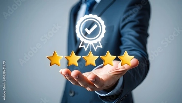 Fototapeta Quality control, certificate, standard, guarantee, Hand shows the sign of the top service Quality assurance 5 star, Guarantee, Standards, ISO certification and standardization concept.