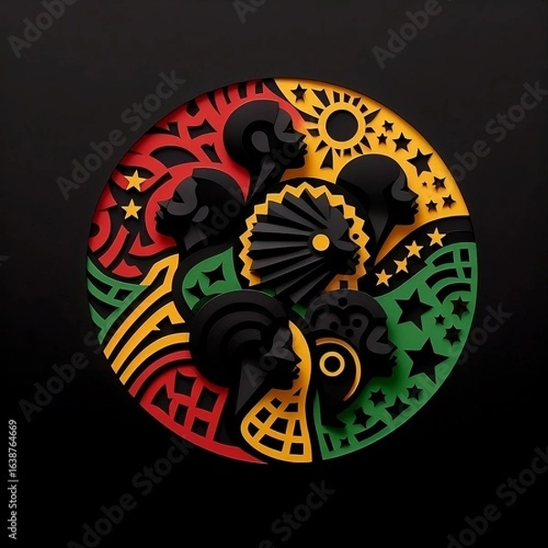 Fototapeta black history month, Paper quilling, paper cut art, paper illustration on a Black History Month colors red, yellow, green and black background clean design, created with generative ai