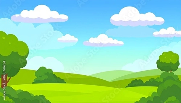 Fototapeta Flat illustration of a landscape with rolling hills, trees, and clouds.