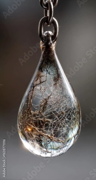 Fototapeta Close-up of a teardrop-shaped pendant.  Clear glass encases delicate, light-brown, wispy organic material.  Metal chain is visible