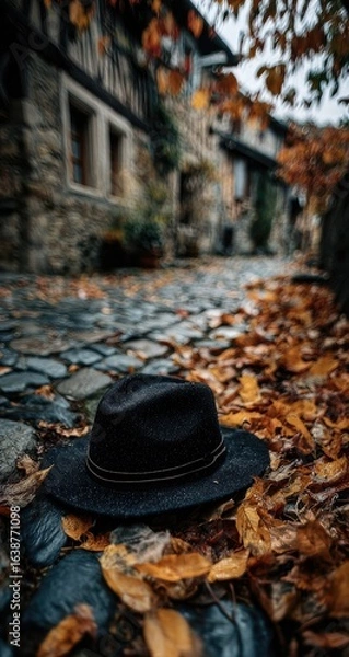 Fototapeta Black hat on cobblestone path, autumn leaves