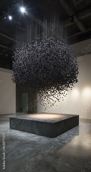Fototapeta Dark, voluminous, cluster of  thin elements suspended,  draped.  Massive, grey base.  Modern art piece