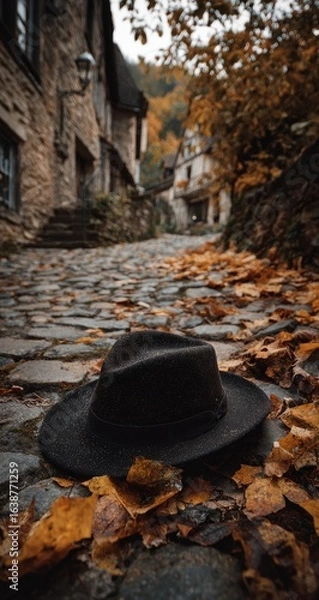 Fototapeta A dark fedora rests on a cobblestone path lined with autumn leaves, nestled amidst quaint, stone buildings and a backdrop of fall foliage