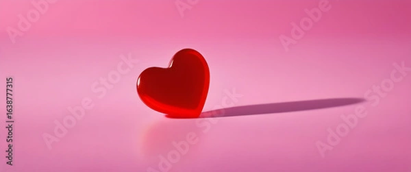 Fototapeta Shiny heart shaped ornament casting a long shadow on a pink background. Elegant heart ornament standing alone in a pink, minimal setting.