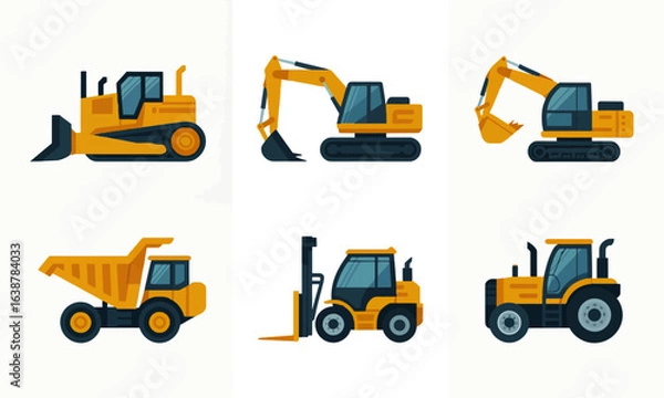Fototapeta Set of yellow heavy construction machinery icons: bulldozer, excavator, dump truck, forklift, and tractor. Flat vector illustration collection.