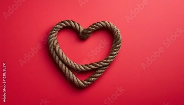 Obraz Brown rope in heart shape knot on red background. Love valentine. copy text space banner, created with generative ai