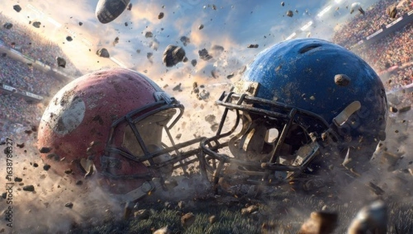 Fototapeta Two football helmets collide amidst a stadium explosion of debris