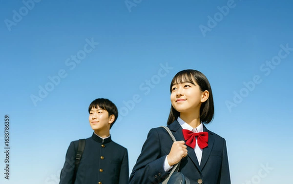 Fototapeta 快晴の空の下で制服姿の男女学生