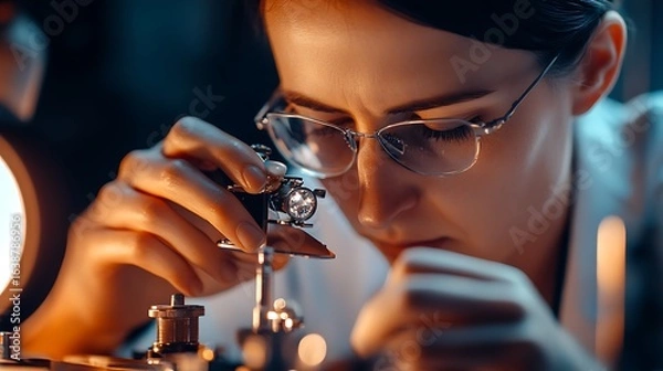 Fototapeta Examining Small Object Under Magnification with Concentrated Focus