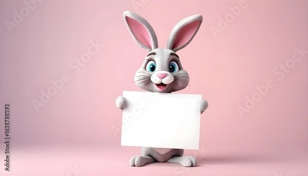 Fototapeta Easter bunny holding a blank sign, easter announcement mockup concept hd, copyspace 3d style , created with generative ai