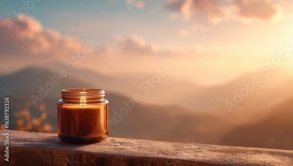 Fototapeta A warm amber candle sits on a stone ledge overlooking a hazy mountain range bathed in a golden sunset