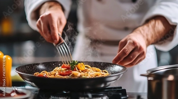 Obraz Chef Preparing Steaming Pasta Dish in Pan with Fork