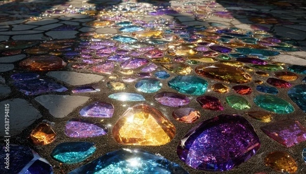 Fototapeta Colorful, iridescent stones embedded in a light gray concrete pavement. Sunlight highlights the varied hues