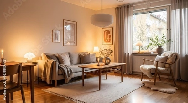 Fototapeta Cozy living room with a comfortable sofa, wooden coffee table, and warm ambient lighting, creating a welcoming atmosphere.