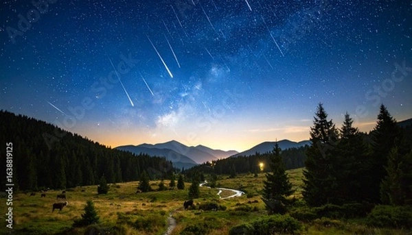 Fototapeta Meteor shower and Milky Way galaxy over a mountain landscape at night