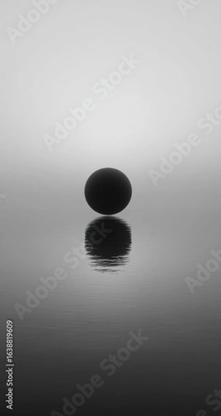 Obraz A grayscale image of a dark sphere resting on still water.  The sphere's reflection is clearly visible in the water.  Soft, muted tones dominate the scene
