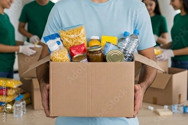 Fototapeta A volunteer holds a box full of donated food items, ready for distribution. This image represents charity, community support, food bank, donation, and helping those in need.