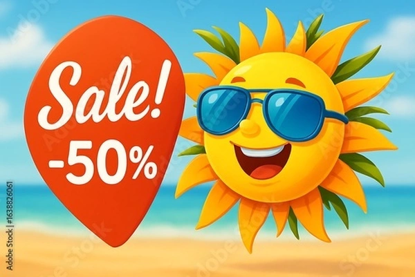 Fototapeta Summer Sale Vector Style Banner with Beach Background and Discount Offer