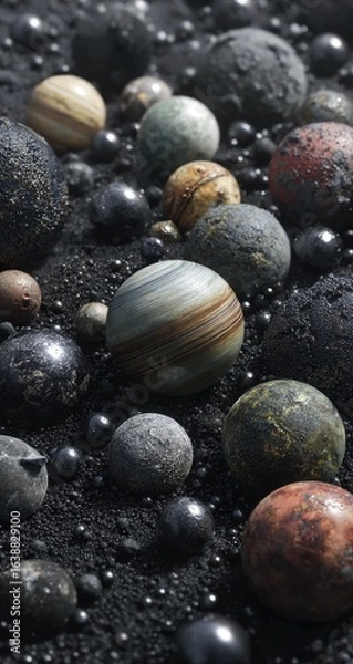 Obraz Many colorful, spherical objects rest on dark ground