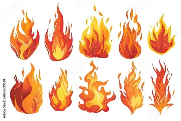 Fototapeta Twelve stylized fire icons.  Various flame shapes and intensities on white background.  Vibrant oranges and reds