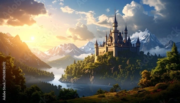 Fototapeta Majestic fantasy castle on a hill with a snow-capped mountain background at sunset.