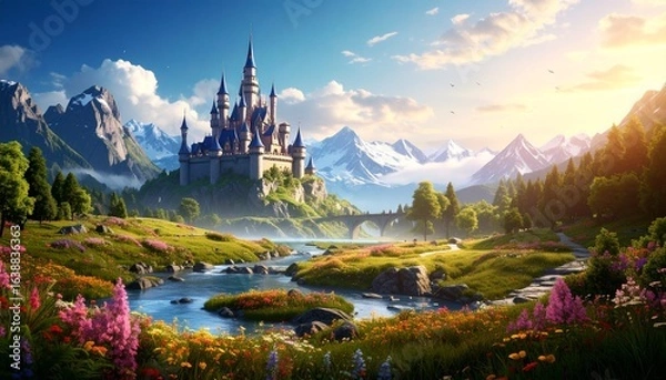 Fototapeta Majestic fantasy castle on a hill with a snow-capped mountain background at sunset.