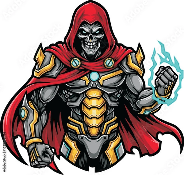 Fototapeta A menacing skeletal warrior with a red hood, armored, and wielding energy.