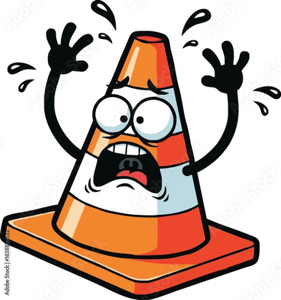 Fototapeta A terrified cartoon traffic cone character screaming and waving its arms in panic.