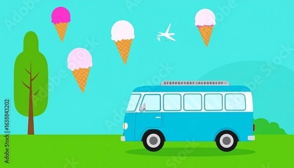 Fototapeta Ice cream van with floating cones, flat design vector illustration.

