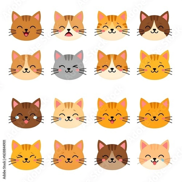 Fototapeta Sixteen cartoon cat faces displaying various emotions