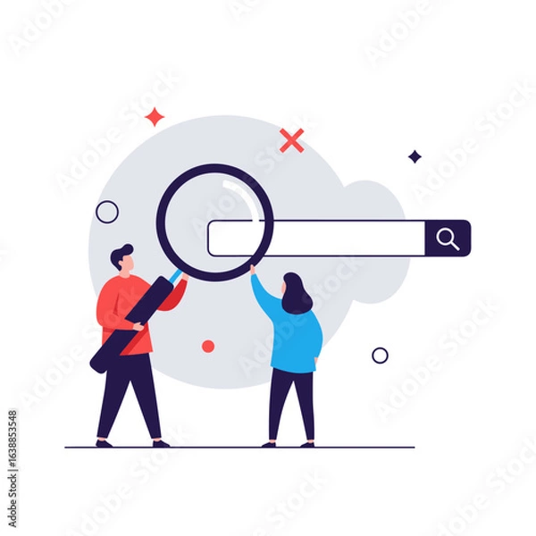 Fototapeta Discovering information through online search engines and magnifying glasses