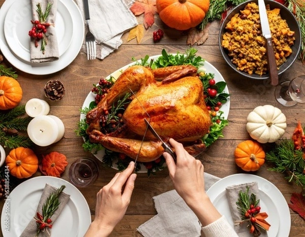 Fototapeta Roasted Turkey Being Carved At Thanksgiving Dinner