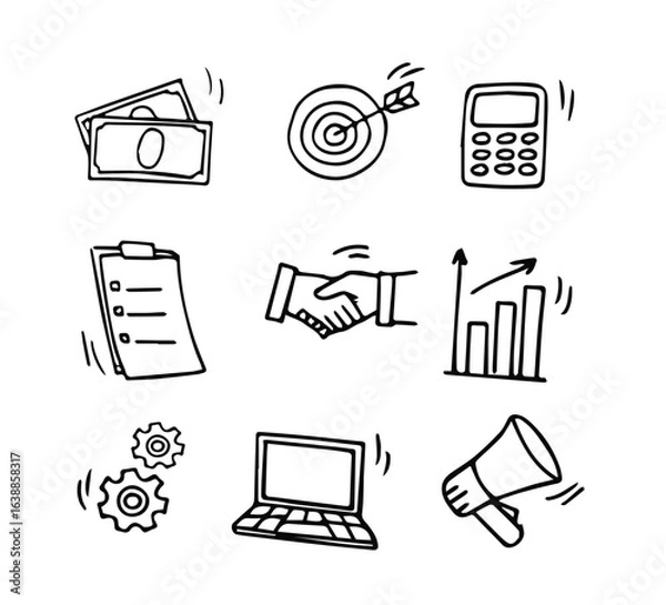 Fototapeta Hand drawn doodle business, money icon set. Finance, money, marketing sketch drawn cute trendy line doodle icon. Business bank, finance calculator, economic goal elements.