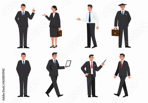 Fototapeta Illustrations of diverse business professionals in various poses, including presenting, walking, and holding accessories, ideal for corporate and educational design.