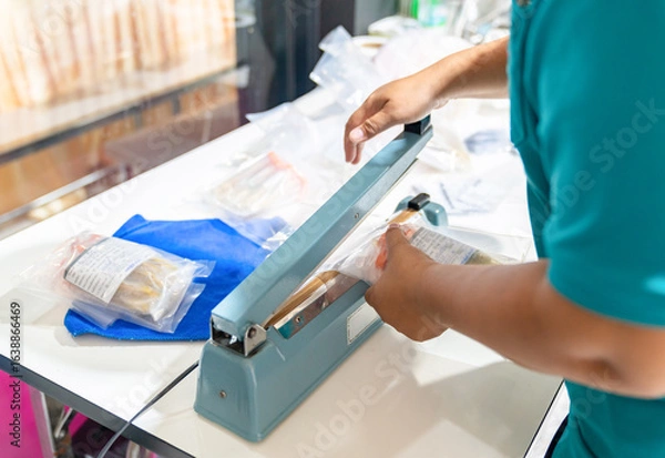 Obraz Packaging Process with a Heat Sealer