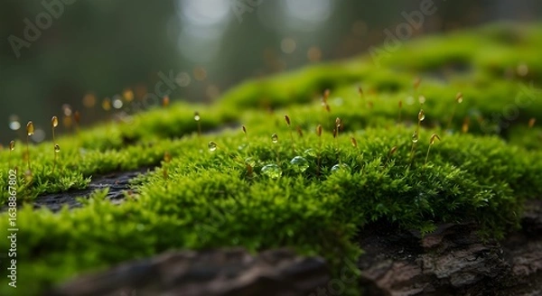 Fototapeta ​A close-up macro shot of vibrant green moss and tiny sprouts, with glistening water droplets on a textured surface, possibly a log or rock.
