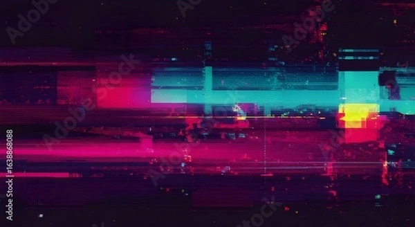 Fototapeta An abstract digital glitch art background with a mix of vibrant pink, blue, and yellow streaks and static on a dark background.