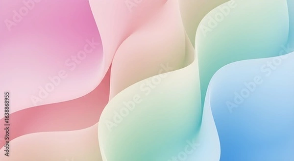 Fototapeta An abstract image featuring a flowing, soft fabric or ribbon-like pattern in a pastel gradient of pink, blue, green, and cream colors.