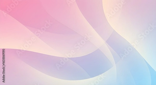 Fototapeta An abstract background featuring transparent, overlapping curves in a soft pastel gradient of pink, yellow, purple, and blue.