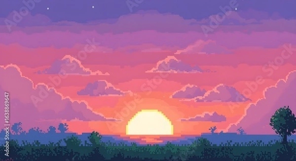 Fototapeta ​A pixel art landscape showing a sunset over a field with a vibrant sky filled with pink and purple clouds.