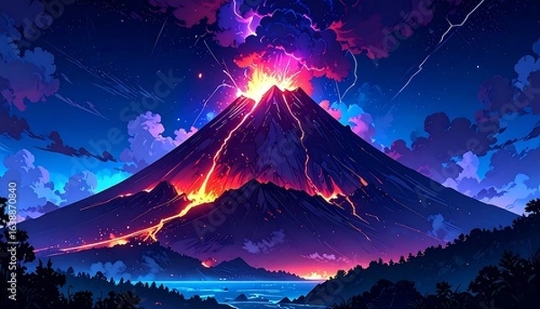 Fototapeta Vivid illustration of a volcano erupting at night.