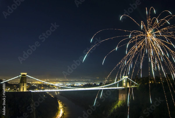 Obraz Fireworks over suspension bridge